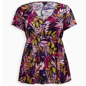 Torrid plus size 3 Rayon Slub Tiered Button-Front Top leaves purple pink print